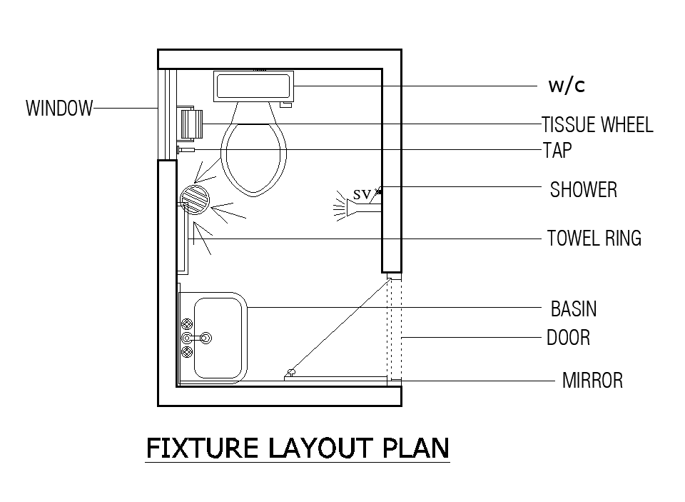 Bathroom fixture layout plan showing positions of w/c, basin, shower, and other fixtures