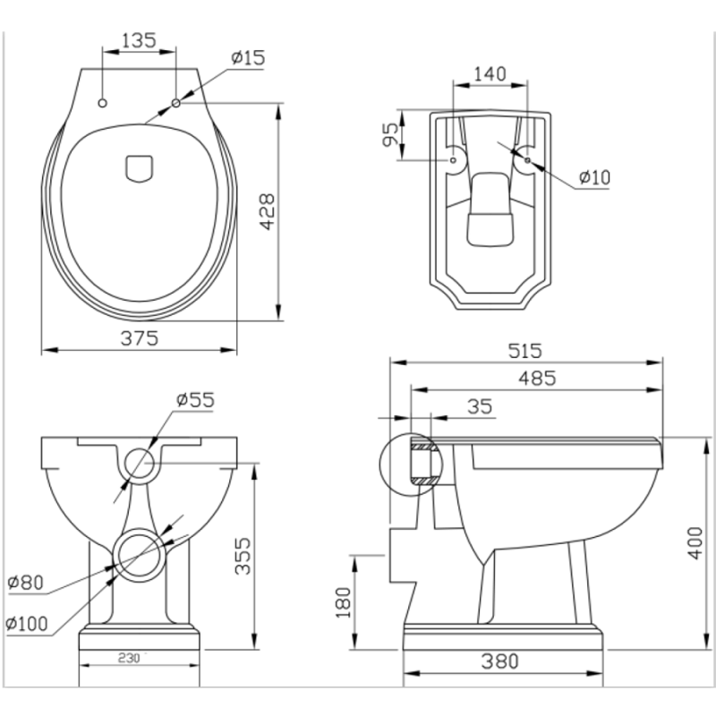 Technical toilet installation drawing with detailed dimensions and views for fitting and plumbing connections