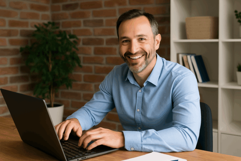 Small business owner using AI tools on laptop in a modern office environment