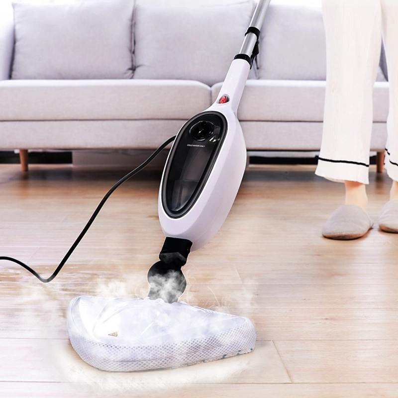 Electric steam mop cleaning a wooden floor with microfiber cloth attachment in a home setting