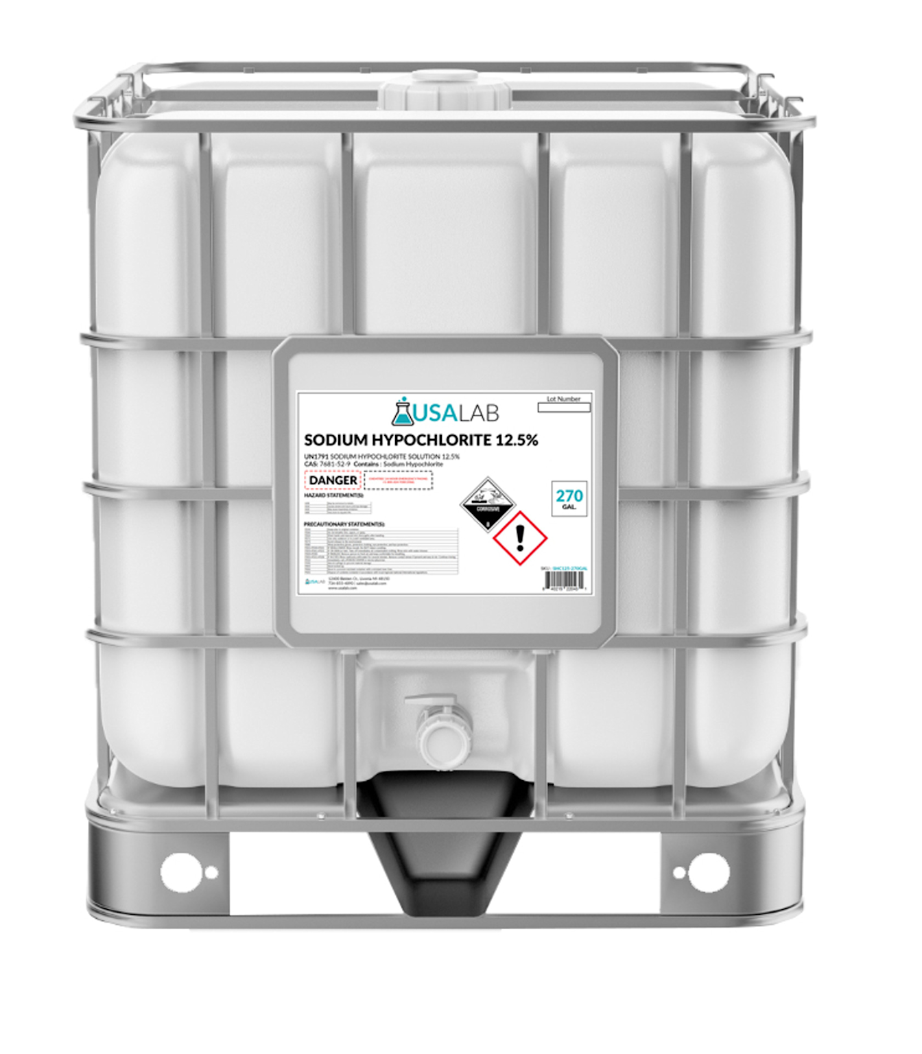 Large industrial bulk container of 12.5% sodium hypochlorite cleaning solution with hazard labeling, suitable for wholesale cleaning supply contexts