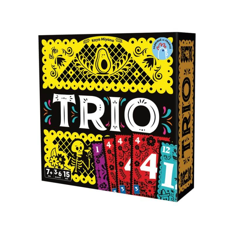 Trio, Le Jeu Qui Ambiance Les Soirées Jeux Box of the card game Trio featuring colorful numbered cards and key game details like player count and duration