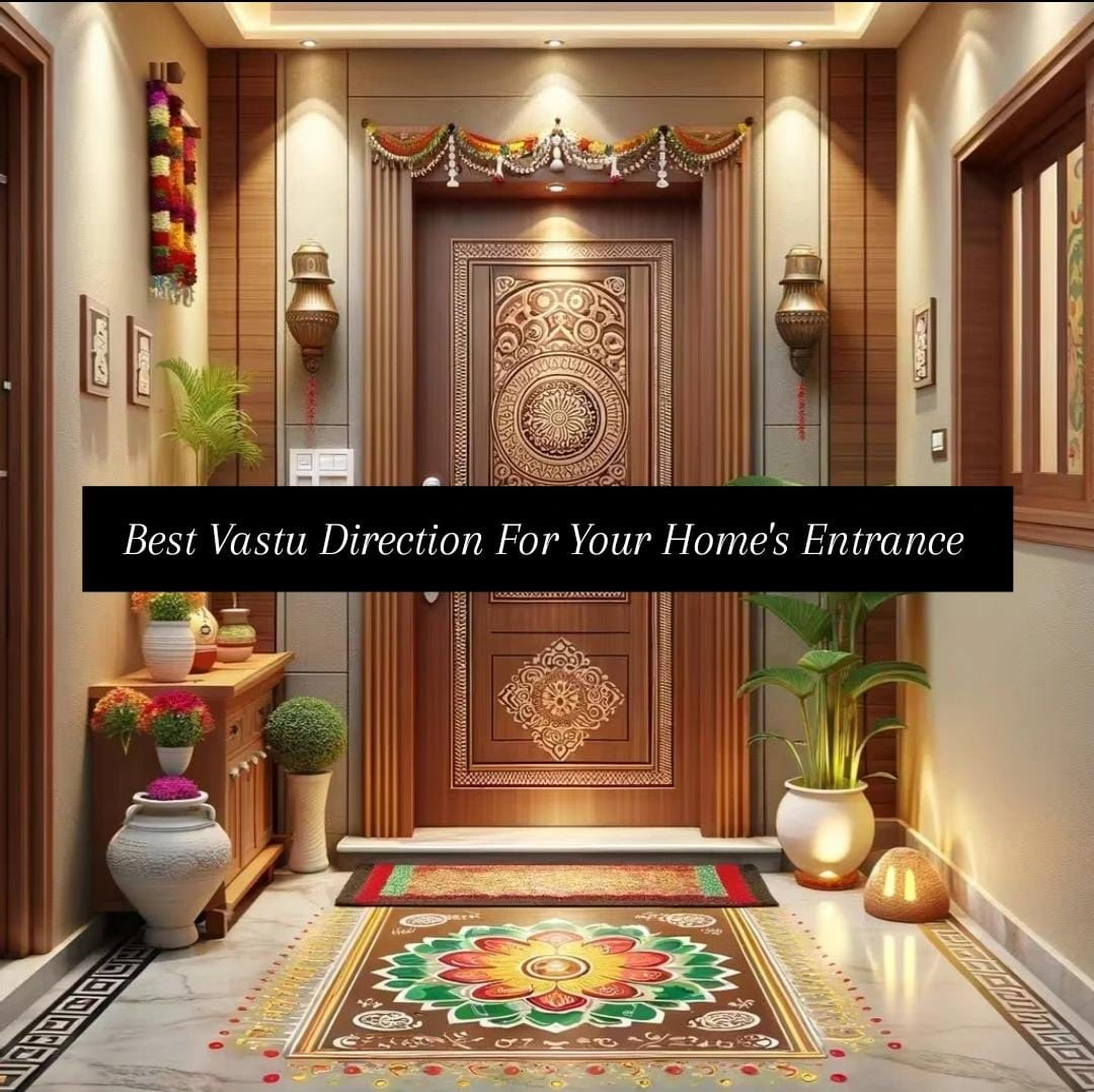Modern home entrance designed as per Vastu principles with decorative toran and rangoli
