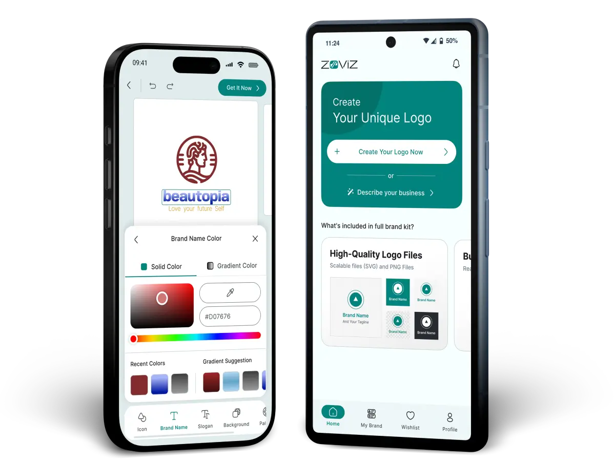 Zoviz logo maker app interface showing dashboard and logo customization options including color settings and file formats