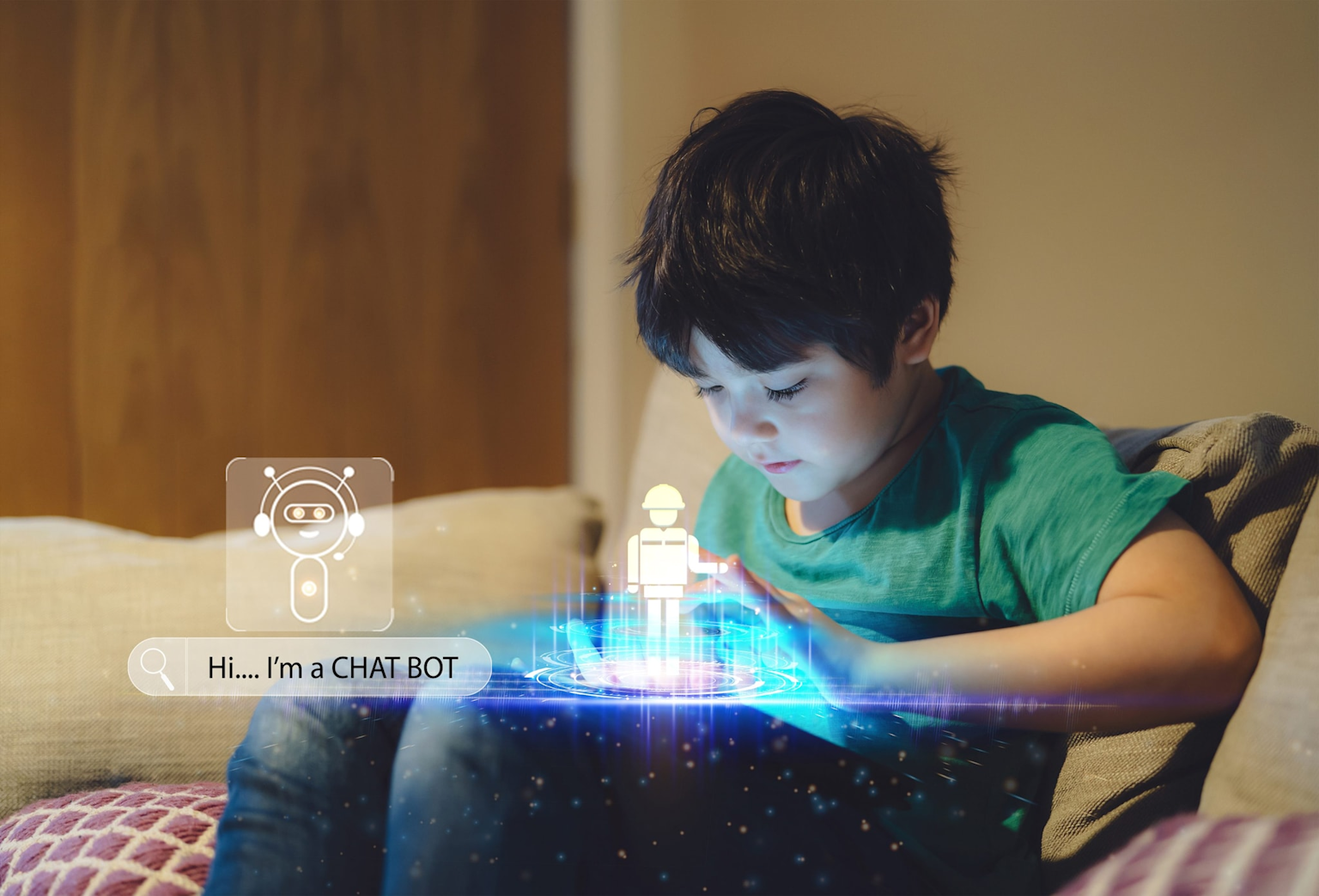 L'Intelligenza artificiale a scuola: perché è tempo di abbracciare il futuro invece di temerlo 1 A child interacting with an AI chatbot interface on a tablet, illustrating AI's role in personalized learning and digital skills education.