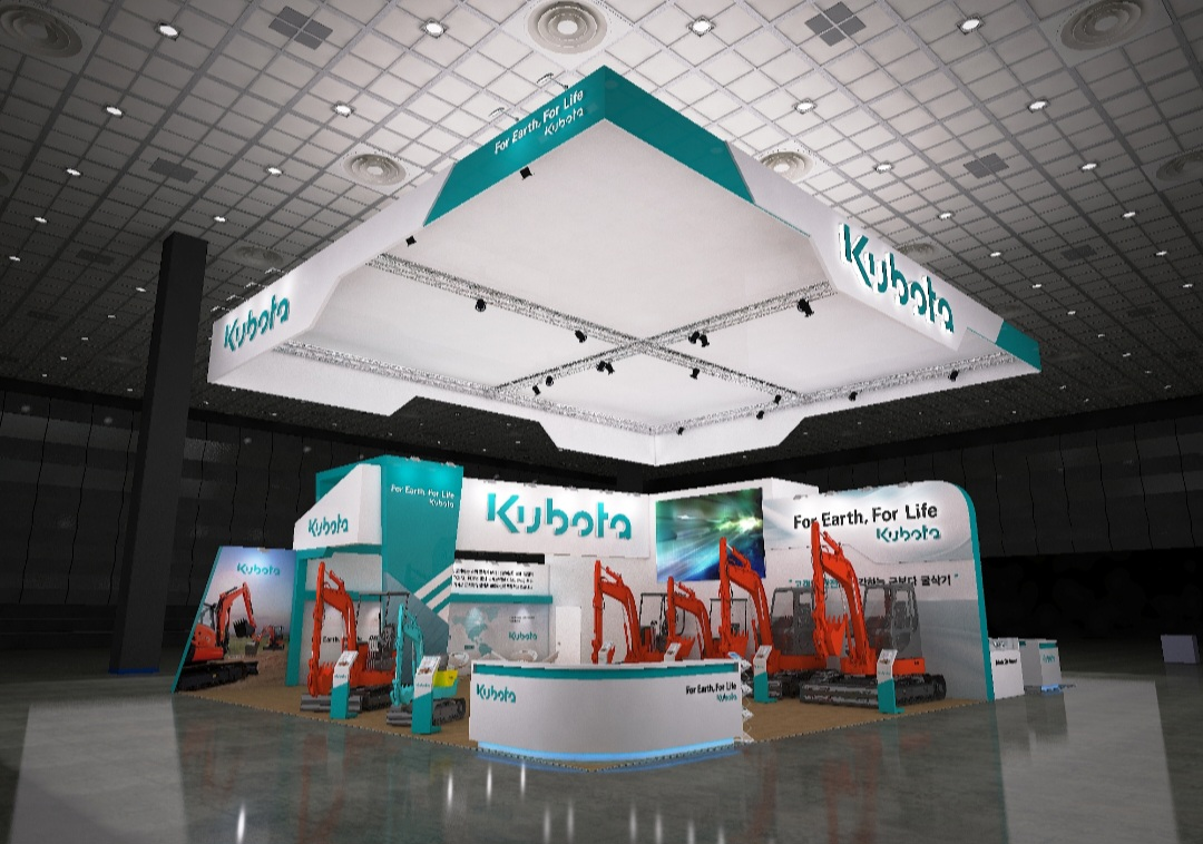 Kubota exhibition booth featuring construction machinery at a trade show or festival.