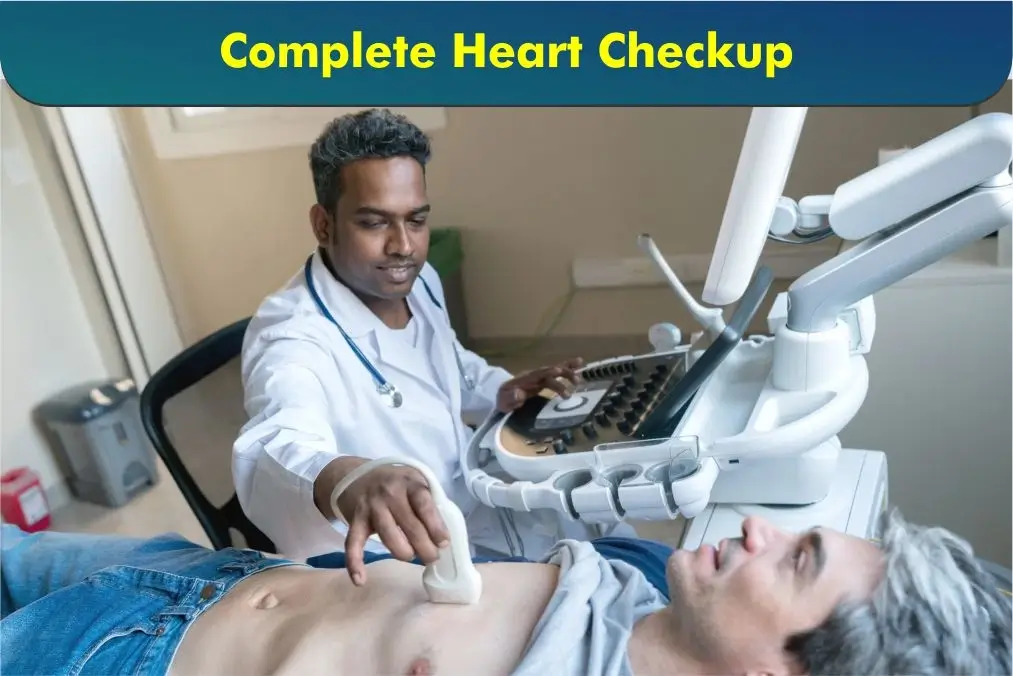 Doctor performing a complete heart ultrasound checkup on a patient in a medical setting