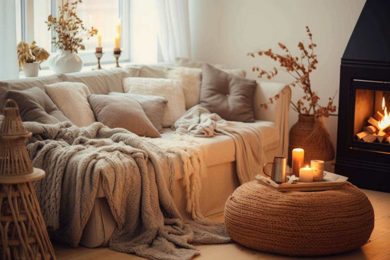Cozy autumn home decor with knit throws, glowing candles, and warm fireplace ambiance