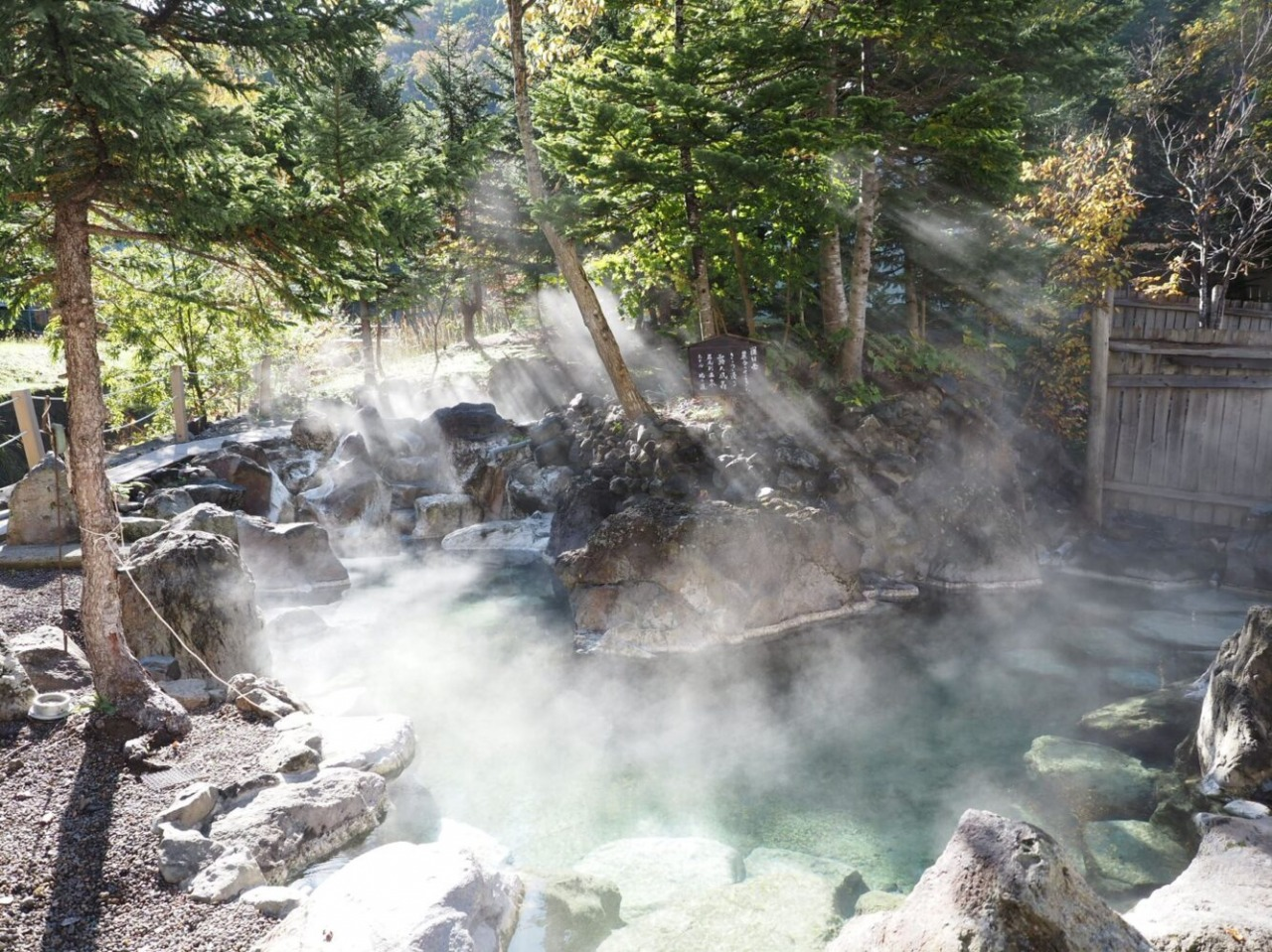 Serene outdoor hot spring surrounded by nature with steaming mineral waters and sun rays
