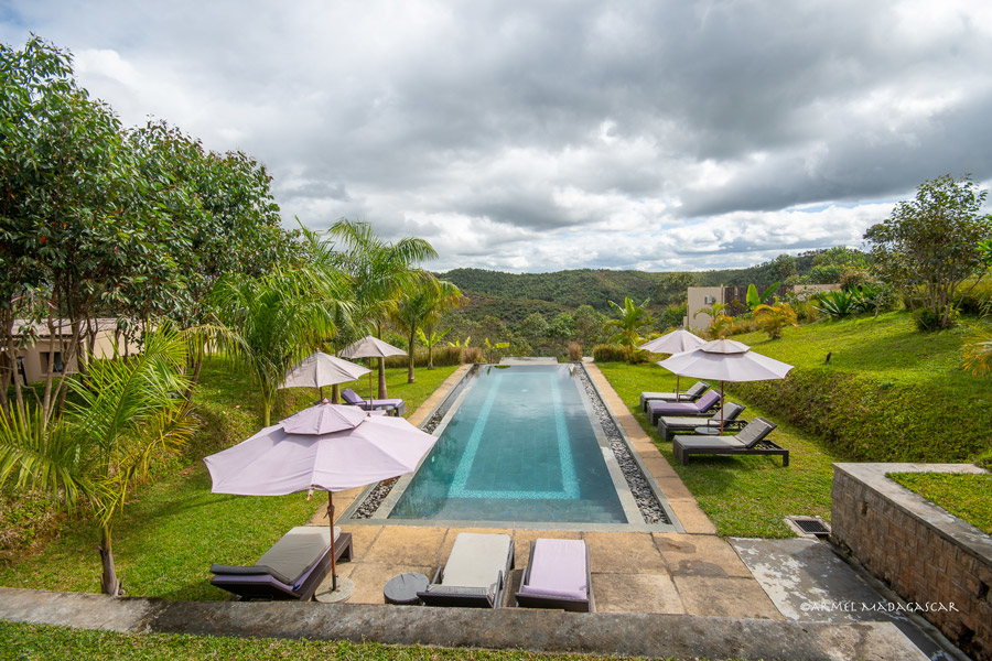 Infinity pool at luxury Mantadia Lodge nestled in Madagascar's lush rainforest surroundings
