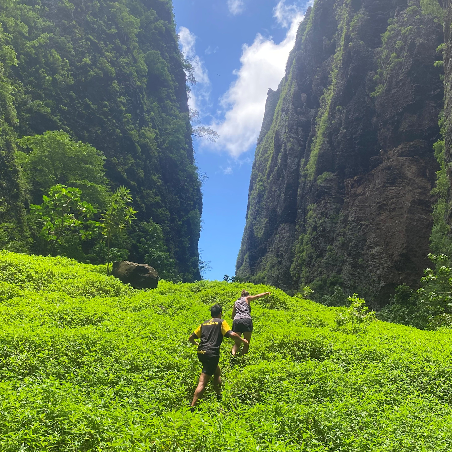 Couple hiking in a lush volcanic landscape in Nuku Hiva, Marquesas Islands, showcasing rugged terrain and adventure travel for luxury travelers