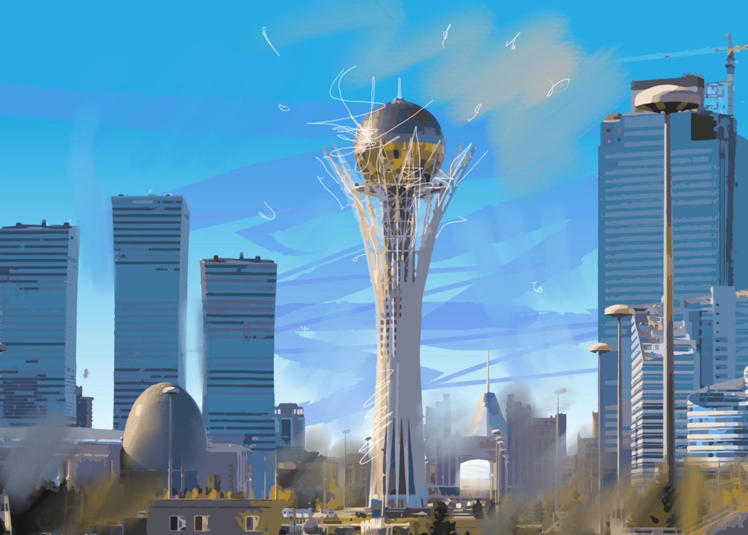 Modern skyline of Astana, Kazakhstan, emphasizing technological advancement and urban development.