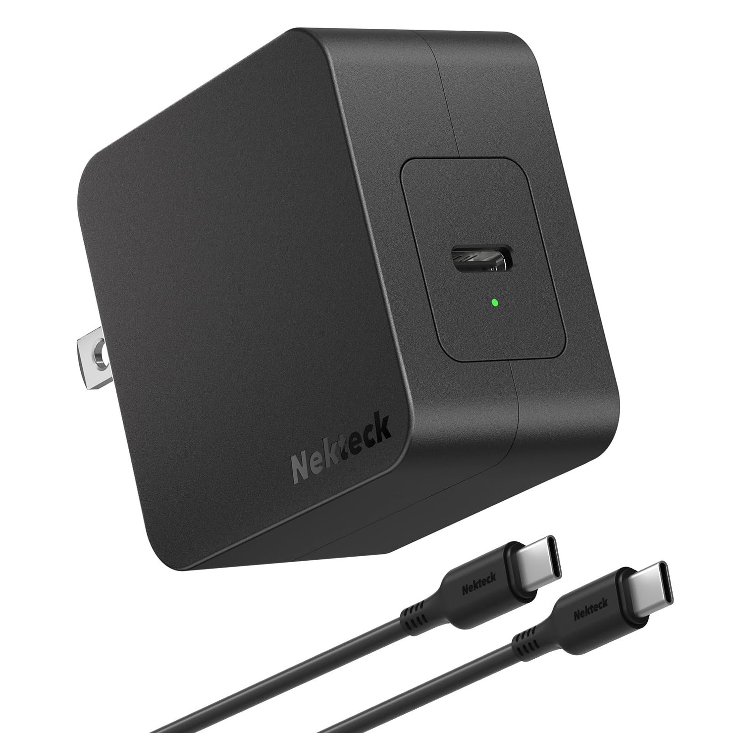 Nekteck 60W USB-C GAN charger with USB-C cable showing compact design and single-port charging.