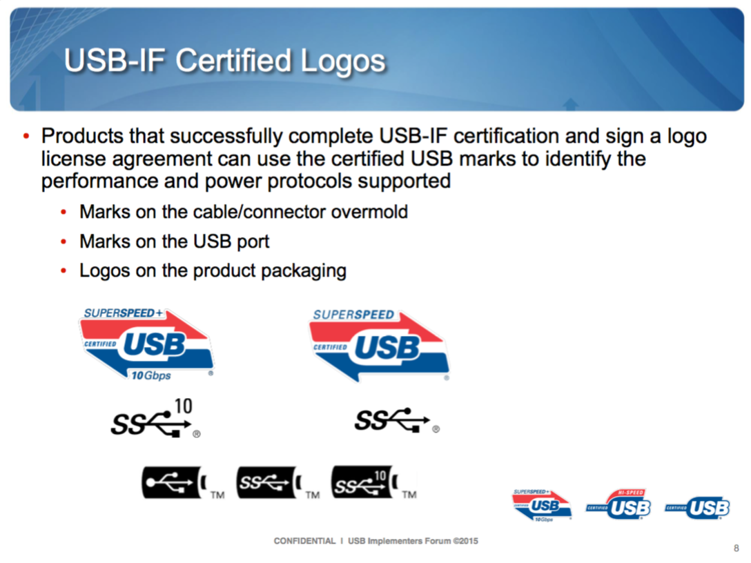 USB-IF certified logos indicating USB performance and power protocol standards for certified products.