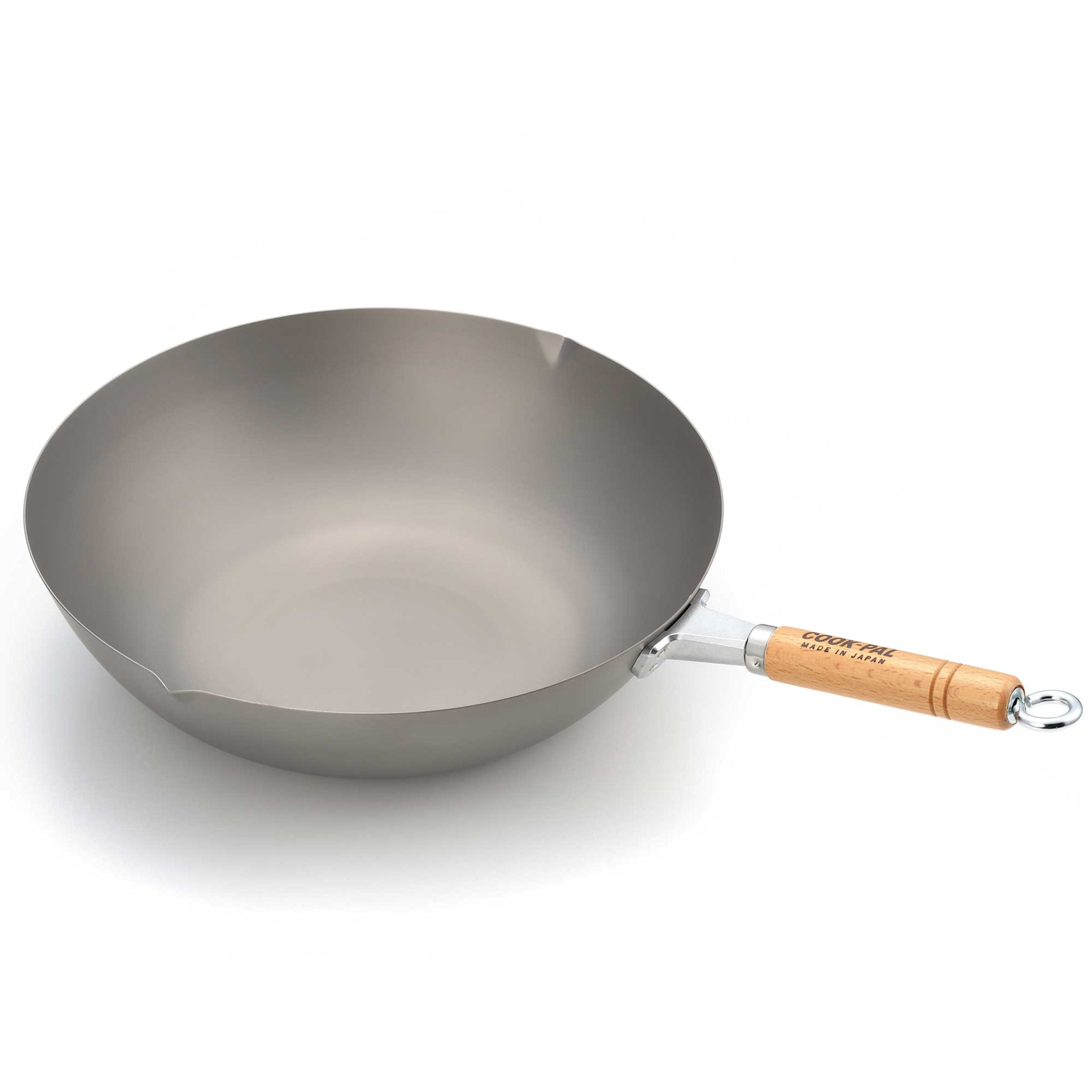 Yoshikawa large titanium wok with wooden handle and pour spouts, showcasing lightweight and quality design made in Japan.