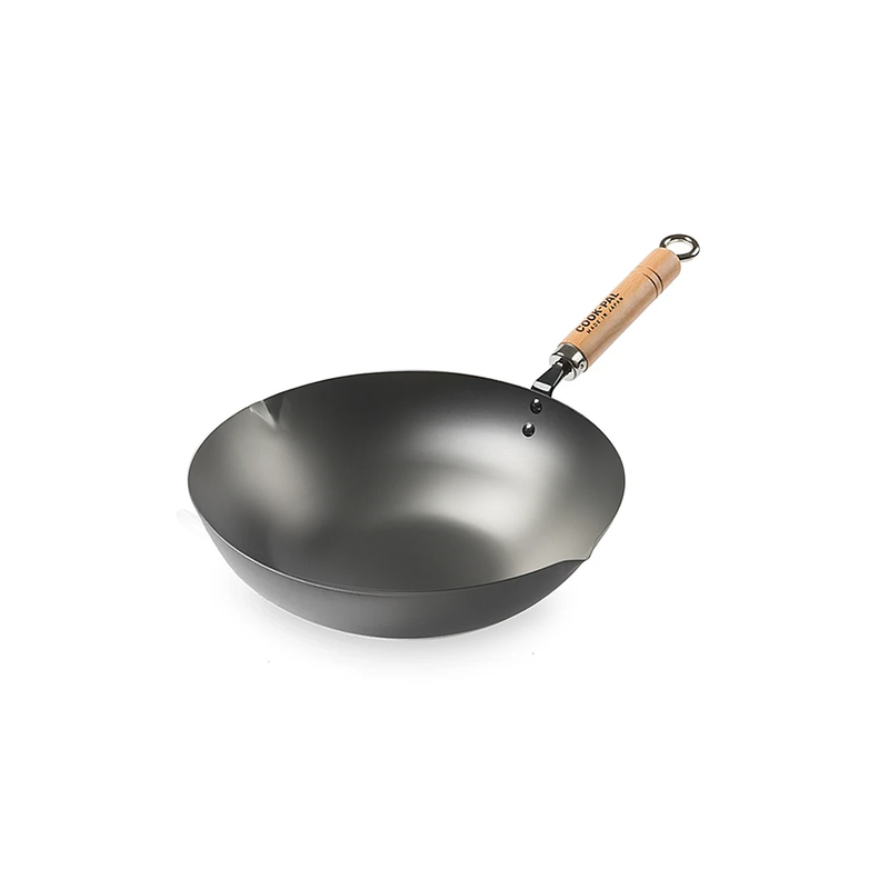 Yoshikawa Cook-Pal Ren nitrided carbon steel wok with wooden handle, designed for versatile cooking styles.