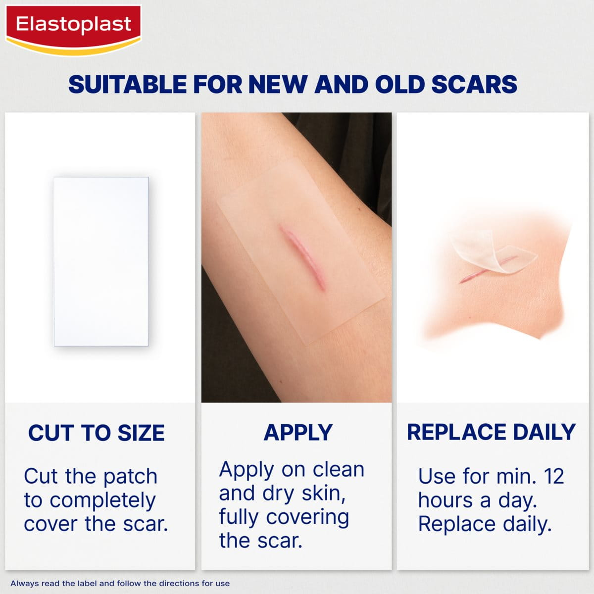 Instructions for using Elastoplast silicone scar patches to reduce new and old scars.
