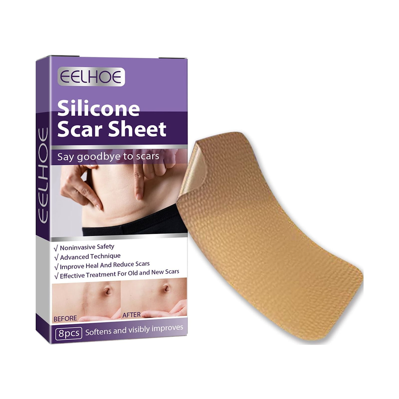 EELHOE silicone scar sheet with before and after results for scar treatment including keloids