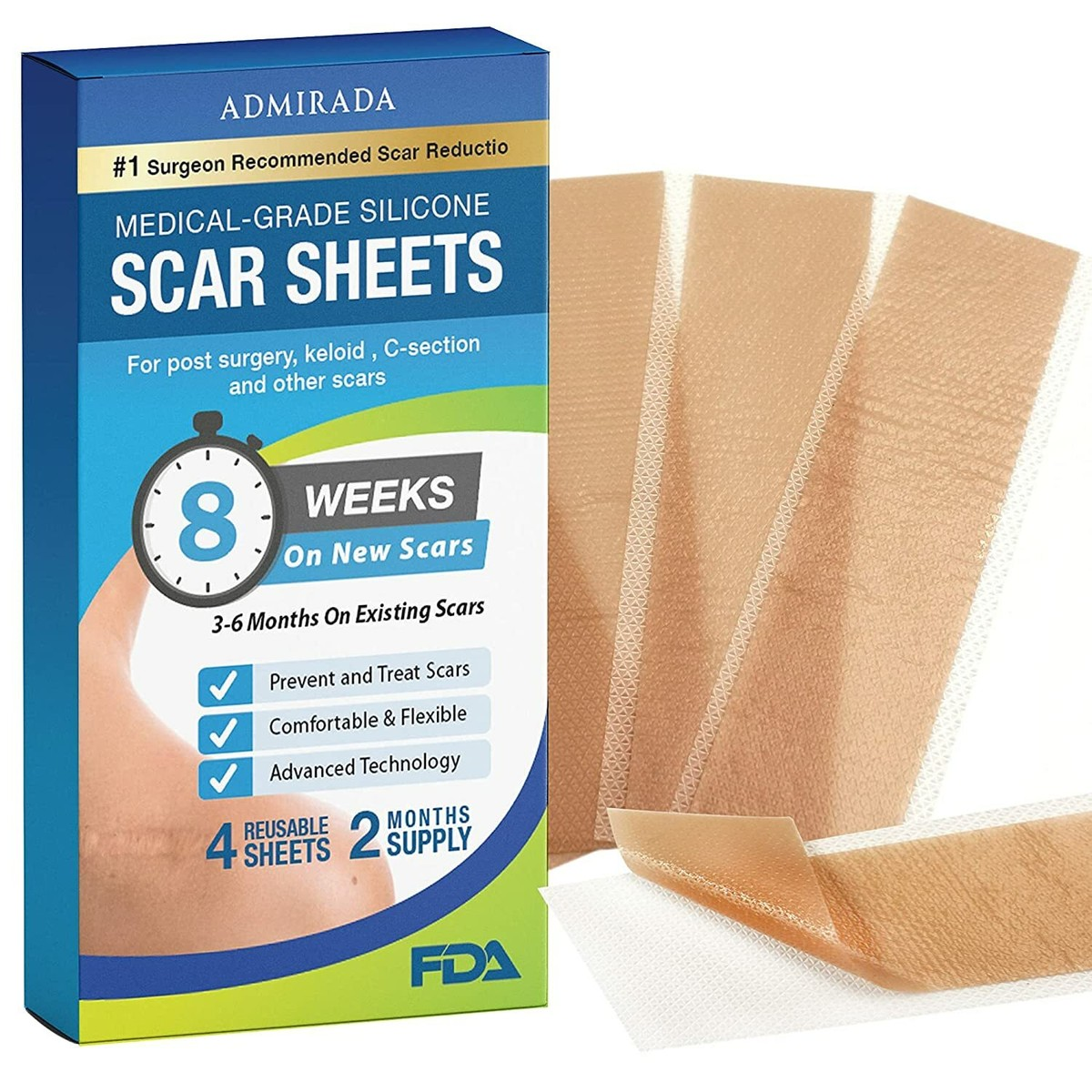 Medical-grade silicone scar sheets for reducing keloids and other scars, recommended for use over several weeks.