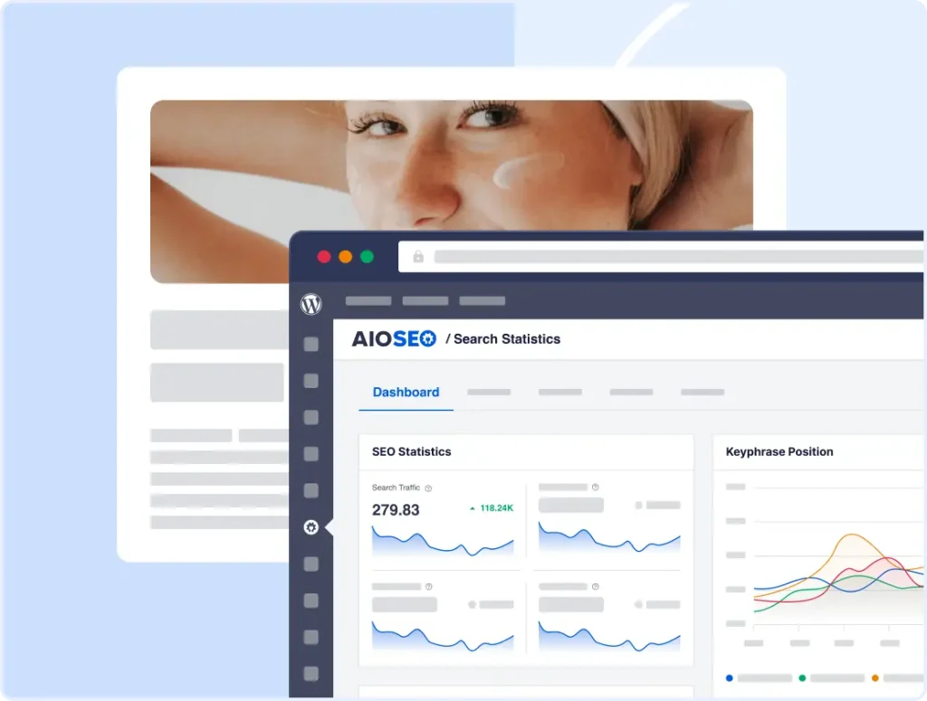SEO optimization dashboard showing search traffic and keyphrase position graphs within a WordPress plugin interface