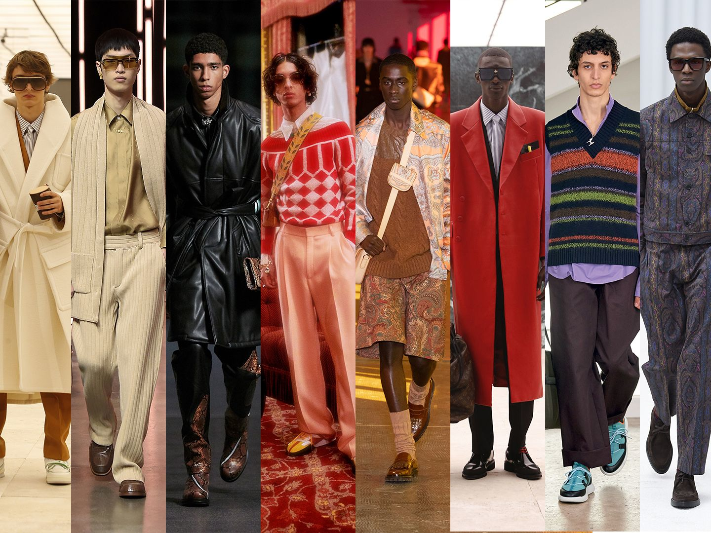 Men's autumn/winter fashion runway showing diverse layering outfits including wool sweaters, blazers, and coats for winter.