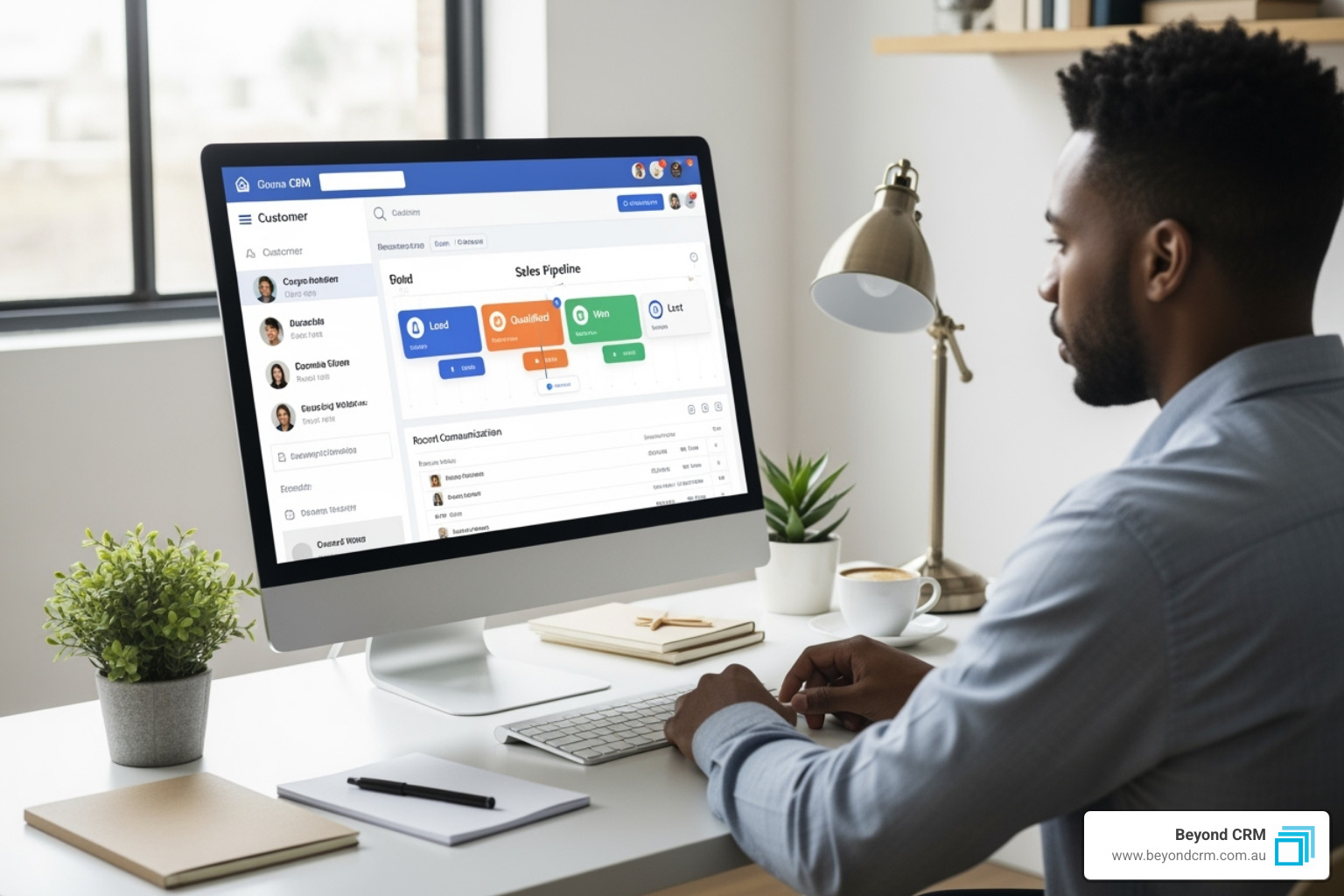 Australian small business owner using a CRM system to manage sales pipeline and customer communication