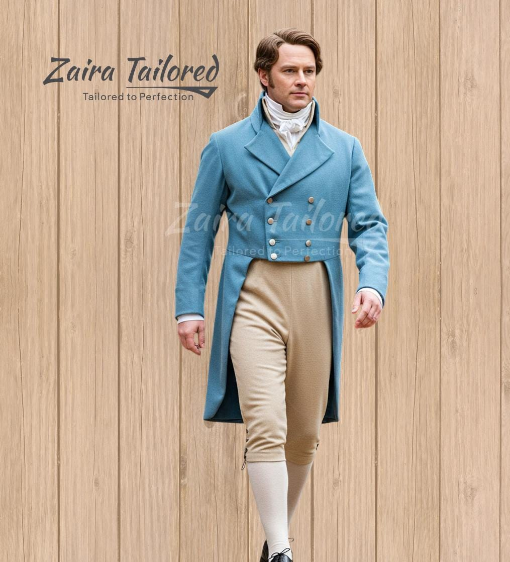Frac azul claro con pantalones beige estilo regencia