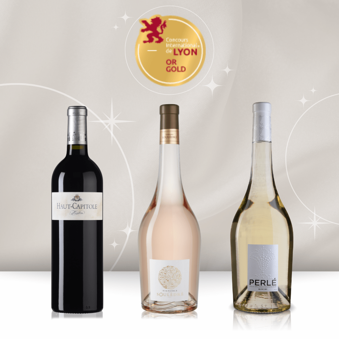 Three bottles of wine awarded the gold medal at the Concours International de Lyon, showcasing prestigious wine competition recognition