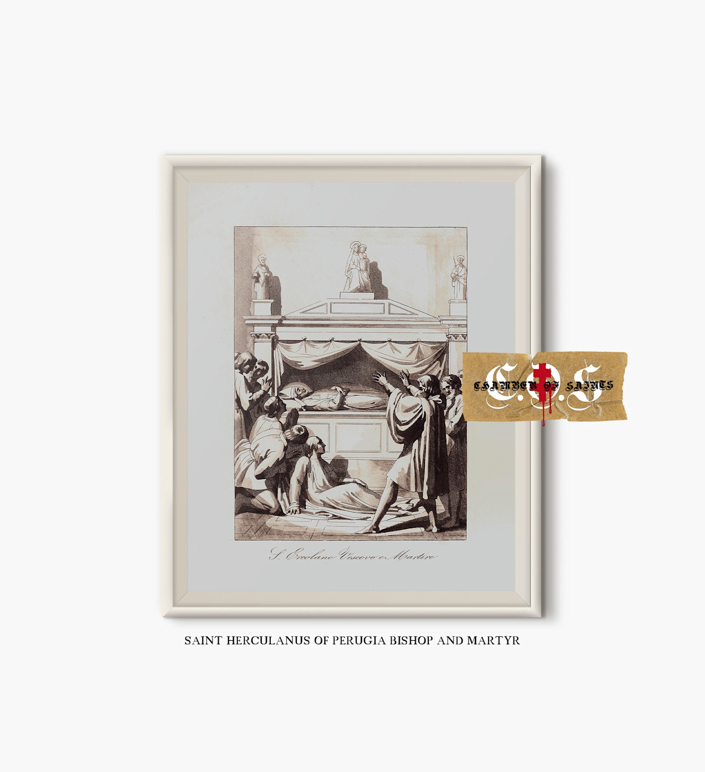 Artistic antique print depicting the death and martyrdom of Saint Herculanus of Perugia