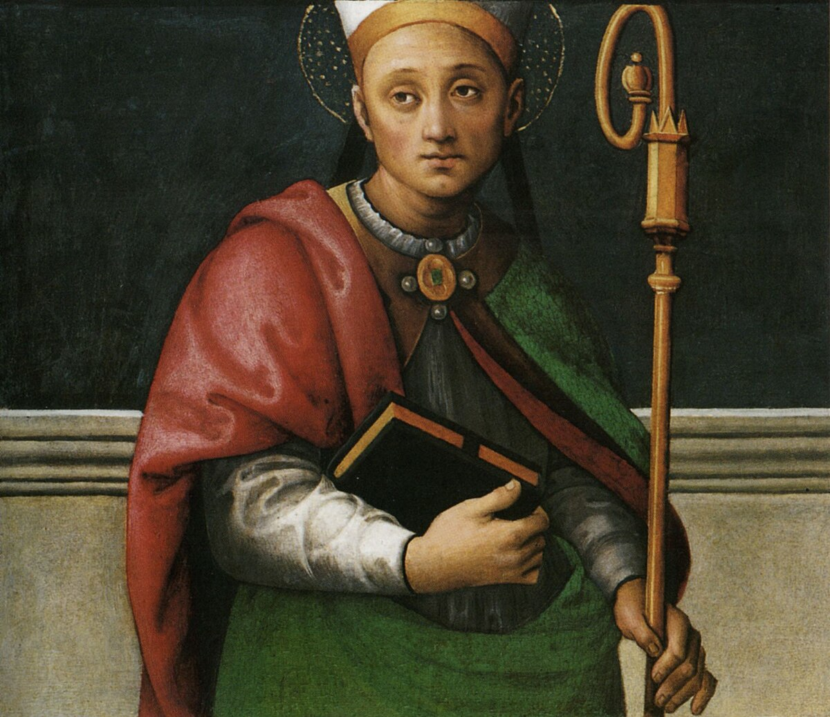 Painting of Saint Herculanus of Perugia holding a crozier and a book, symbolizing his role as a bishop and martyr
