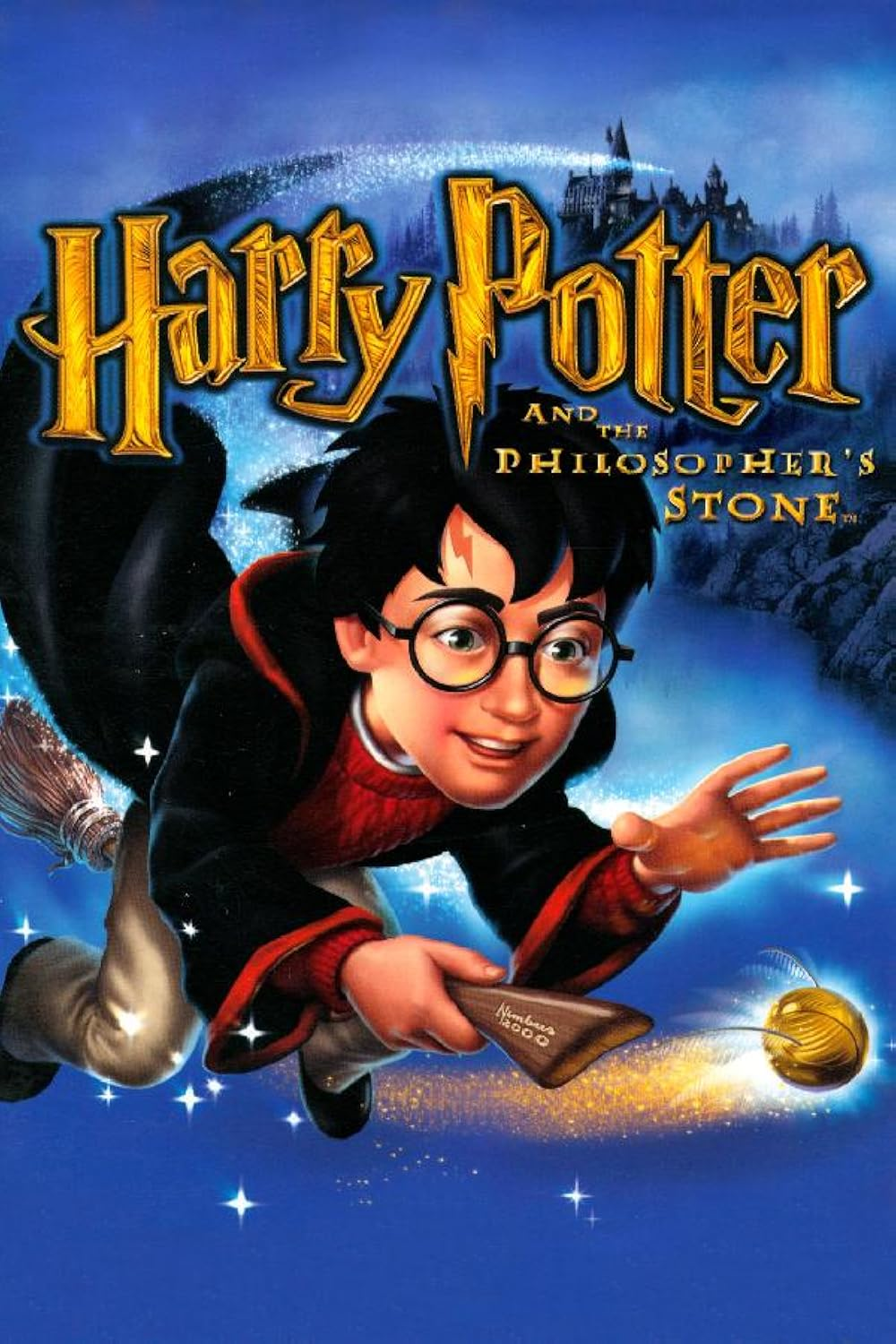 Cover art for the 2001 Harry Potter and the Philosopher's Stone PC video game, showing Harry Potter chasing the golden snitch on a broomstick