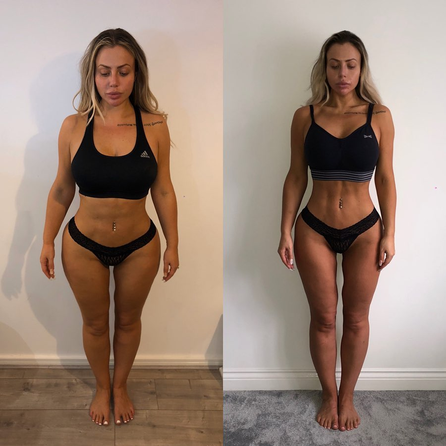 Side-by-side comparison showing Holly Hagan's fitness transformation with a toned and slimmer physique