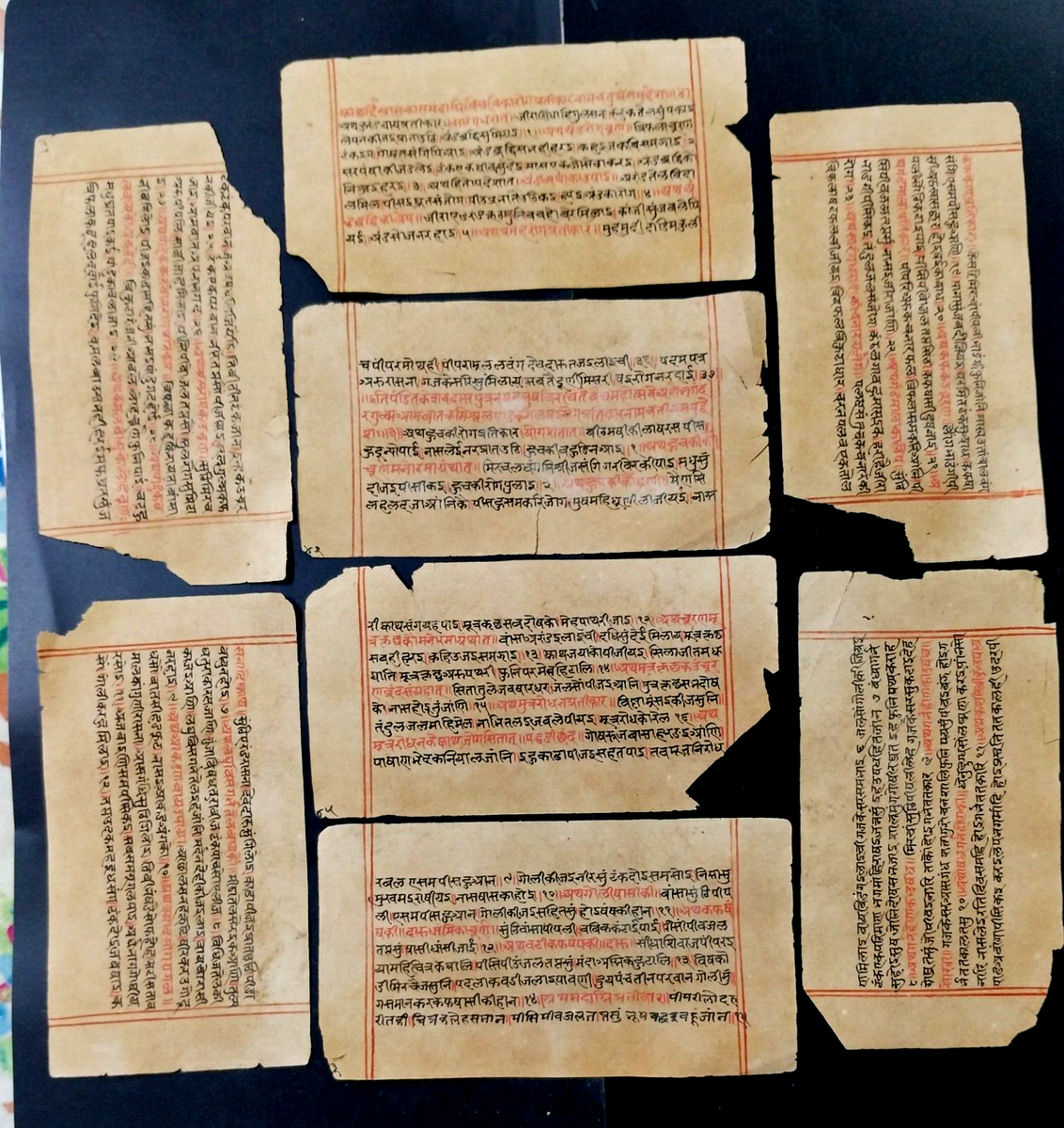 Ancient Sanskrit manuscript leaves with traditional Ayurvedic text in red and black ink