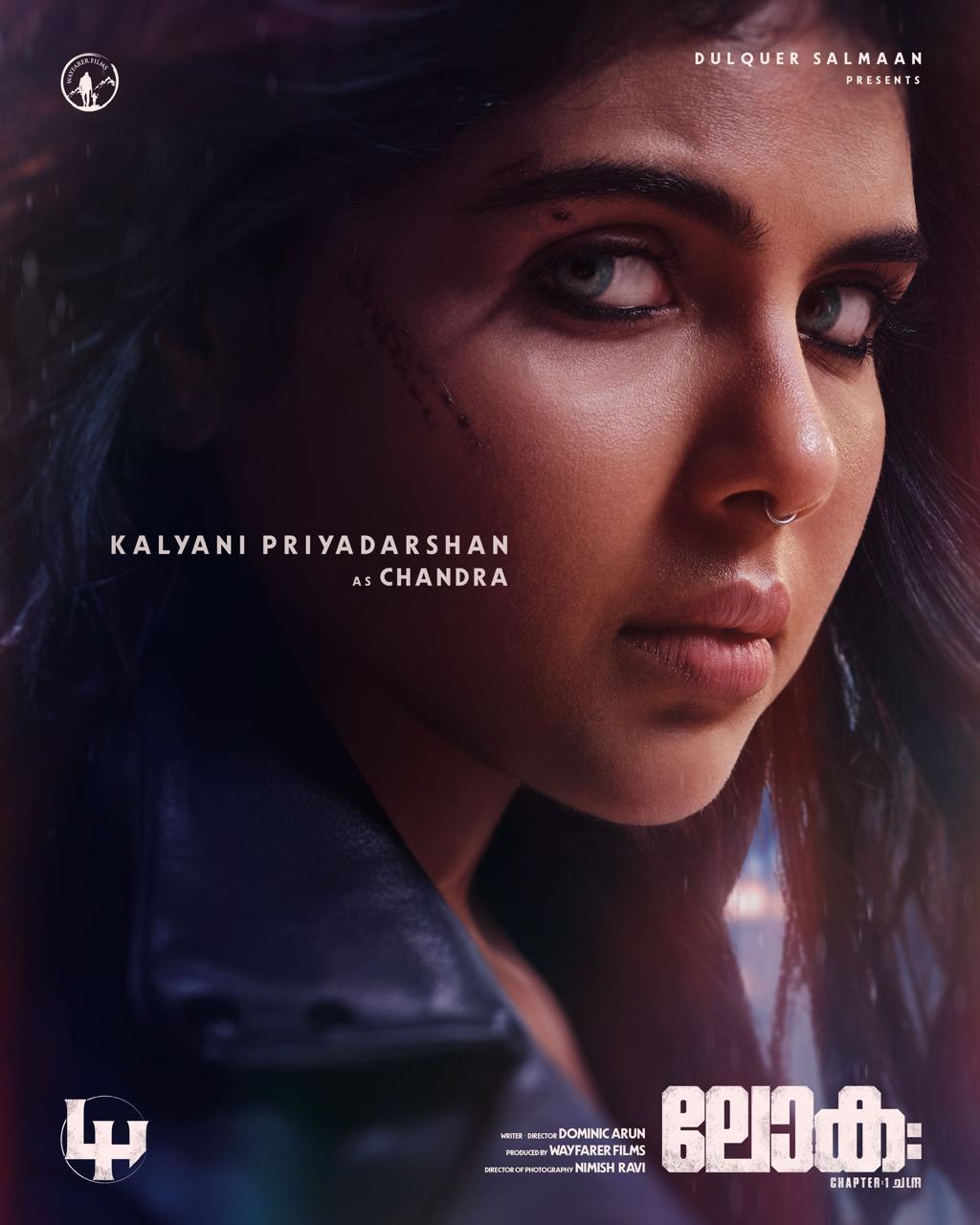 Promotional poster of 'Lokah Chapter 1: Chandra' featuring Kalyani Priyadarshan, highlighting the dramatic tone of the movie