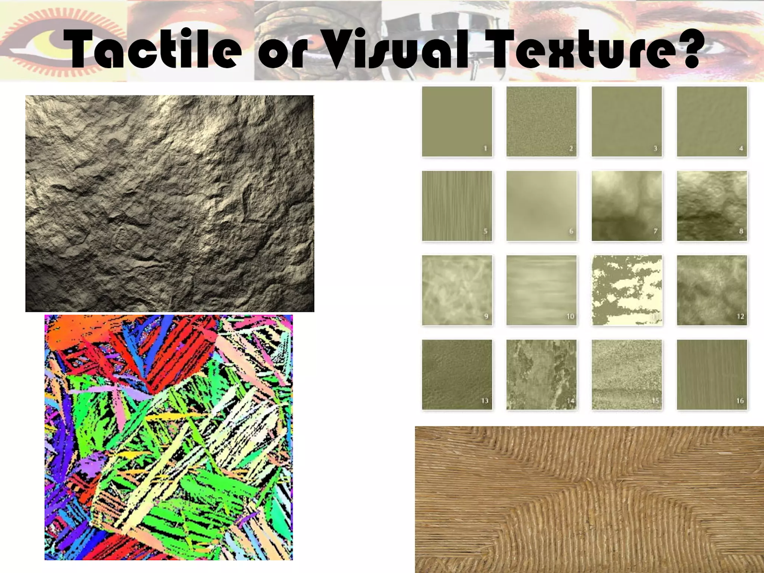 Examples of tactile and visual textures demonstrating the element of texture in art