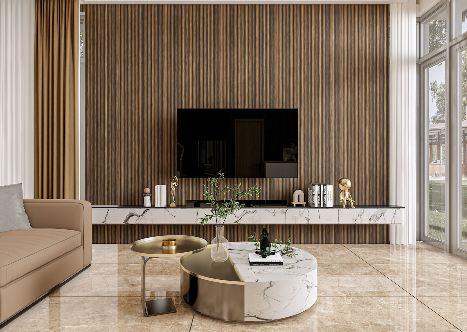 Modern TV Unit with Walnut Louvers