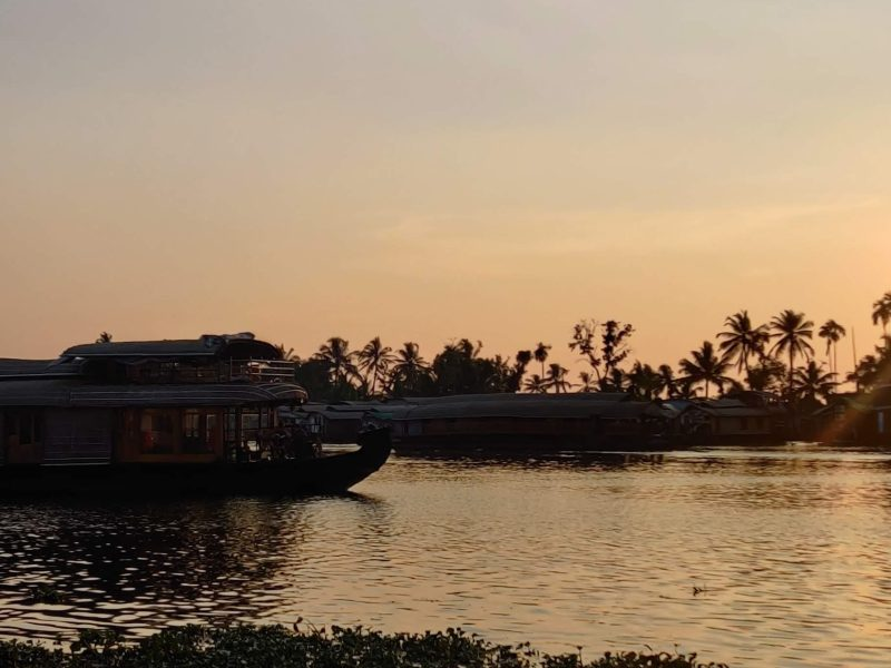Sunset view of boats on backwaters