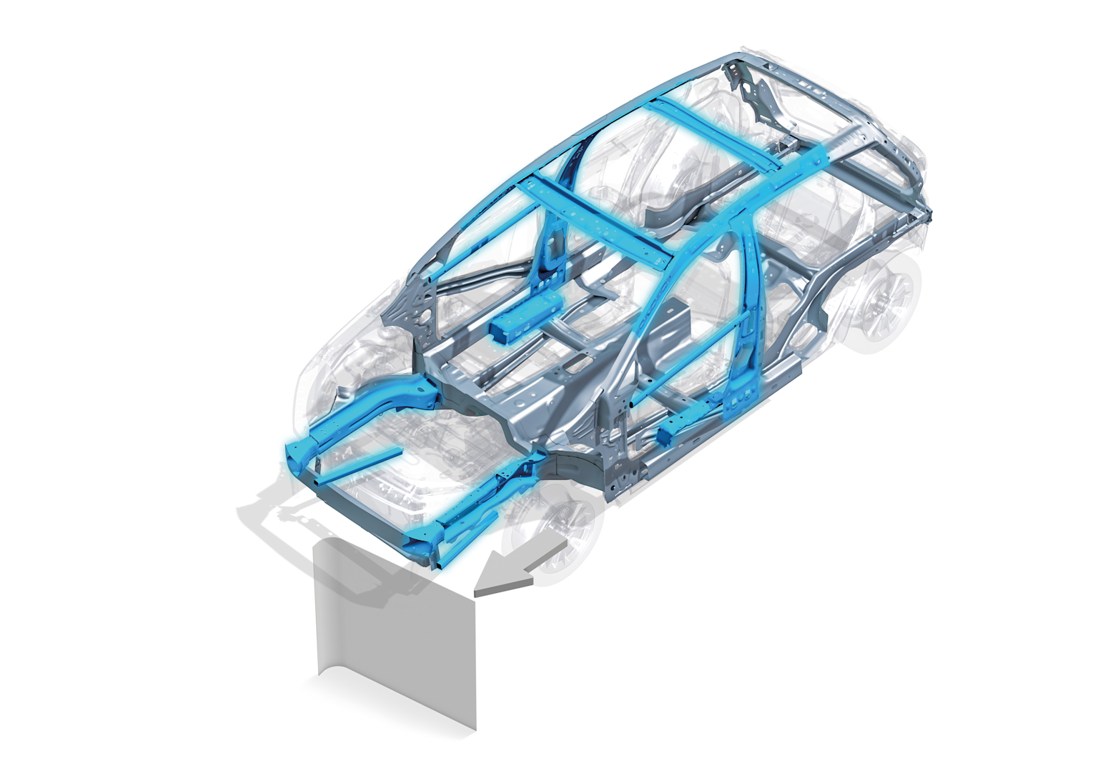 3D model of a car body frame highlighting key structural components likely made with advanced high strength steels for lightweight automotive design