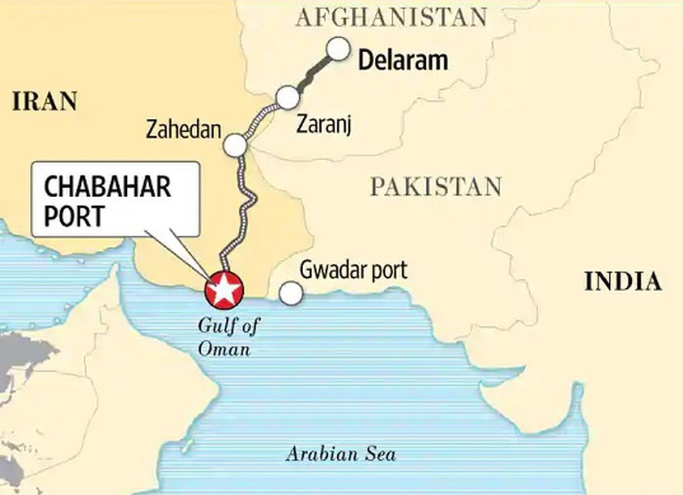 Map showing Chabahar port in Iran and its railway and road connections to Zahedan, Afghanistan, and the regional transport network including Gwadar port in Pakistan