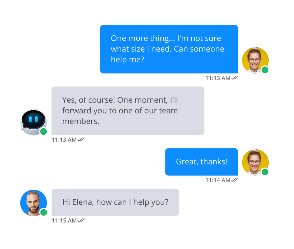 Customer support conversation showing AI chatbot handing off to a human agent to assist the customer further