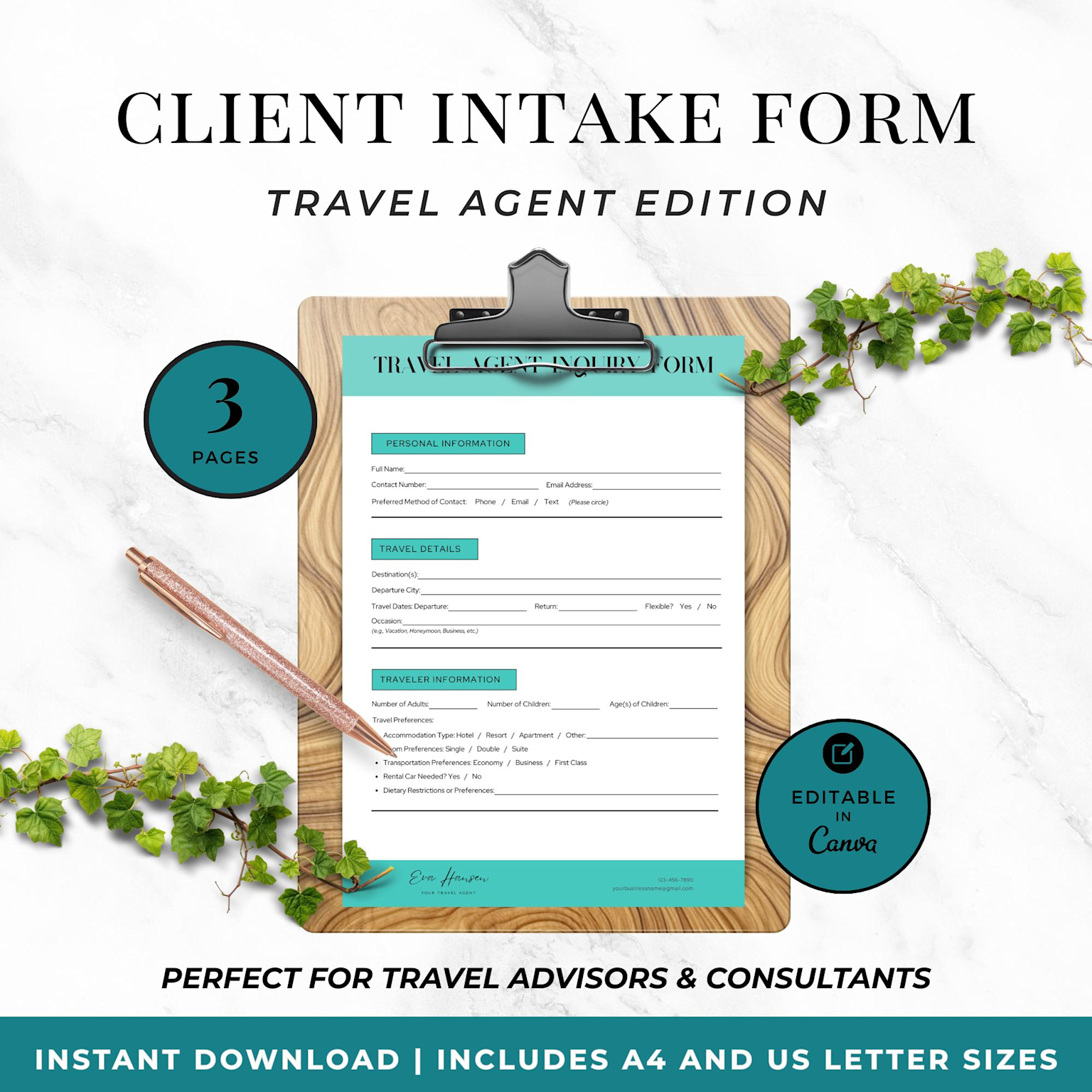 Client intake form for travel agents highlighting personalized service and detailed client consultation