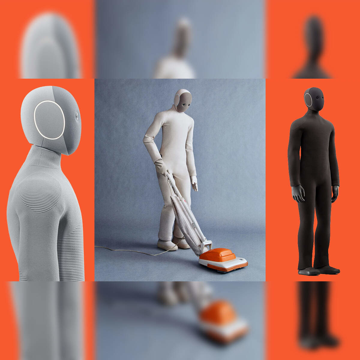 NEO humanoid robot by 1X shown in different views and colors, performing home tasks like vacuuming