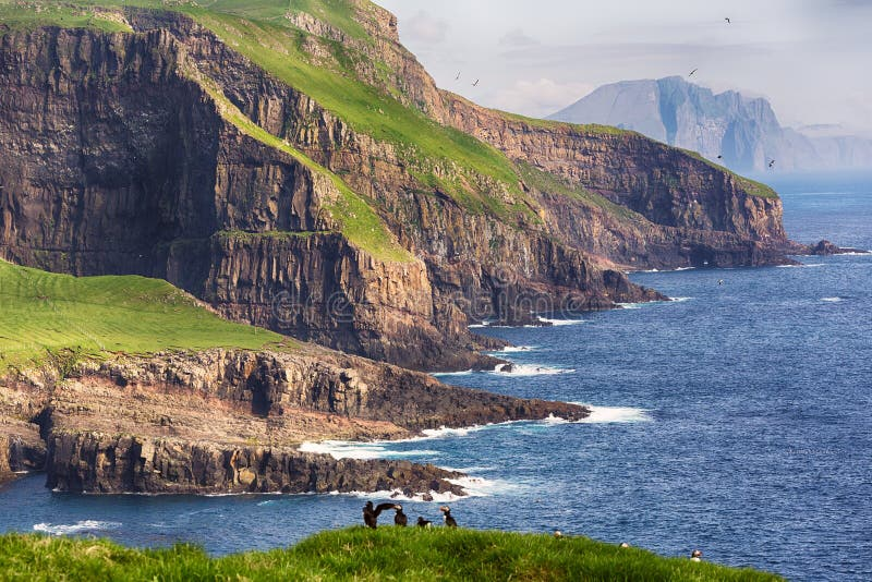 Dramatic coastal cliffs of the Faroe Islands with lush green tops and deep blue sea illustrate the region's wild natural beauty