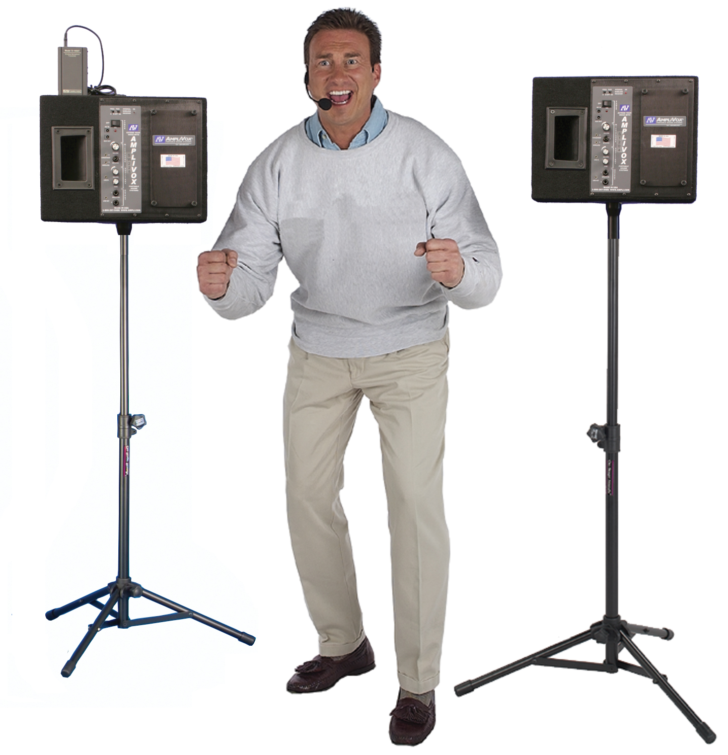 Professional PA system speaker installation with headset microphone
