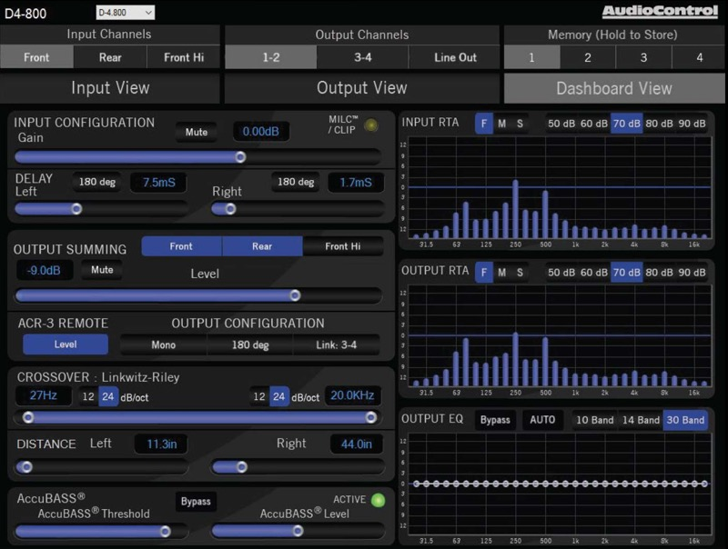 AudioControl amplifier software interface with frequency analysis and controls