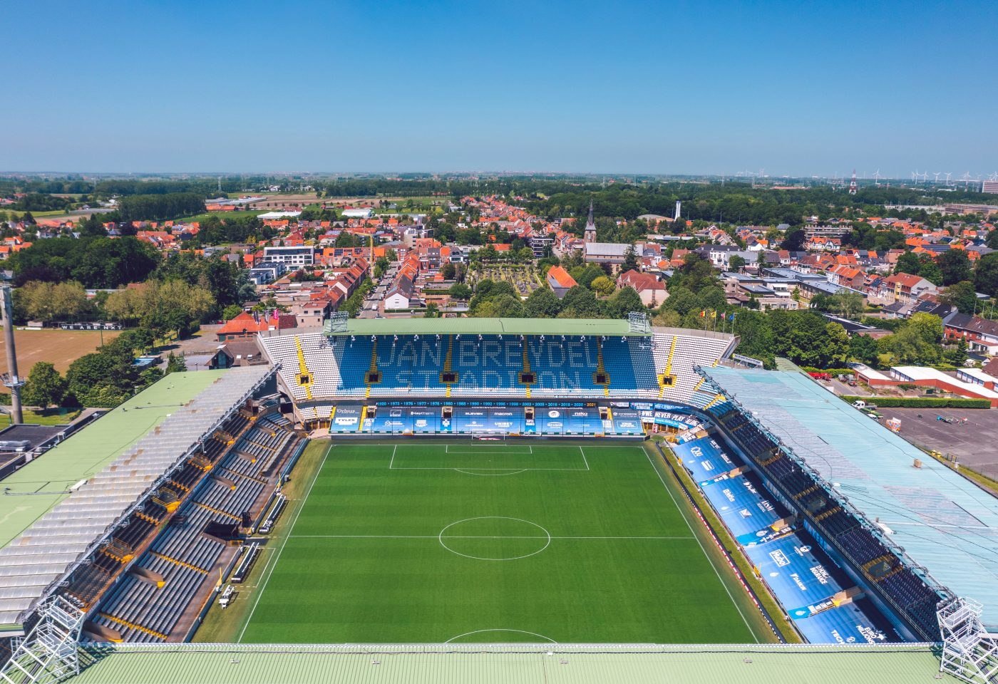Aerial view of Jan Breydel Stadium, home to Club Brugge, located in Bruges, Belgium.
