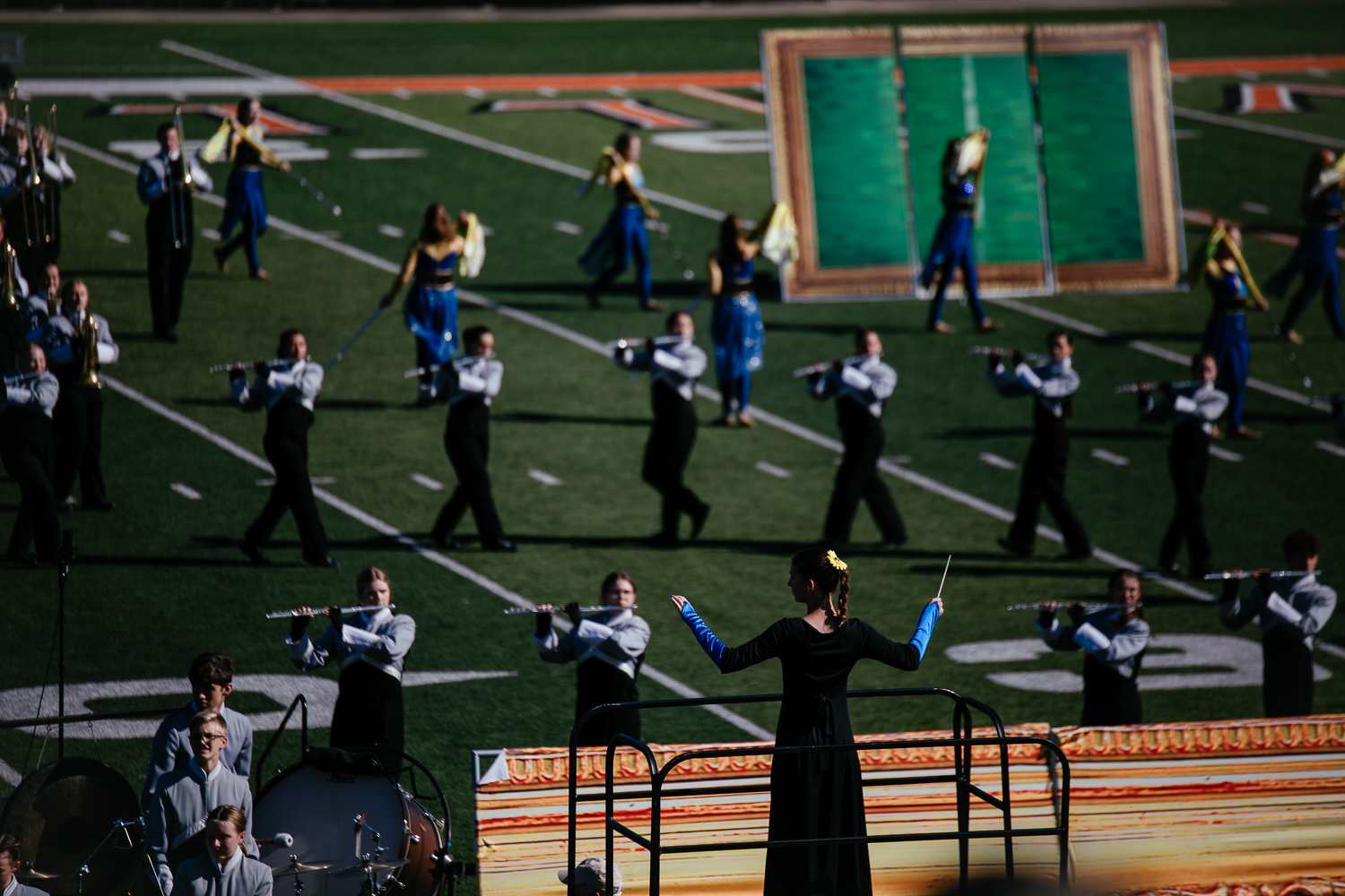 Marching band performing on field