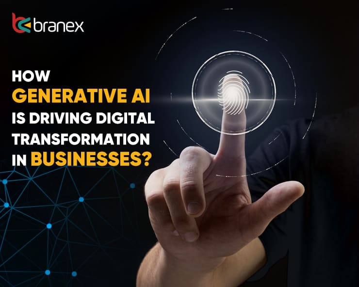 How generative AI drives digital transformation in businesses illustrated with a futuristic fingerprint scanning interface