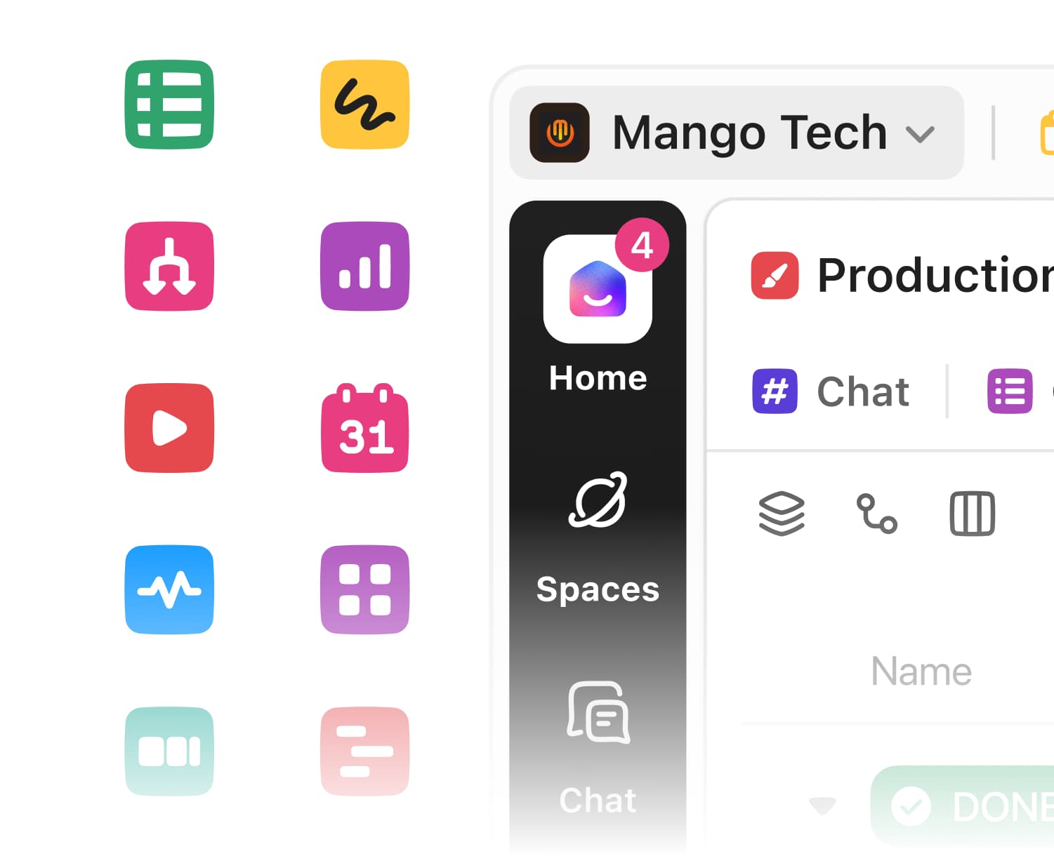 User interface of an AI-driven business workspace platform showing various analytical and organizational tools