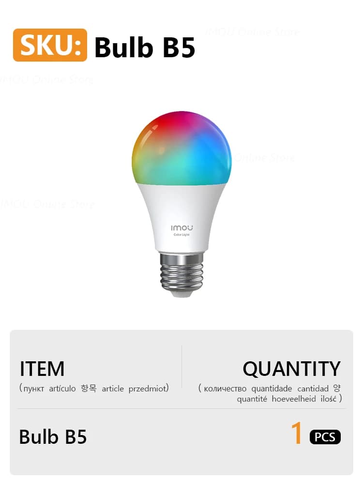 IMOU Bulb B5 smart multicolor WiFi bulb with E27 fitting, labeled with SKU and packaging details